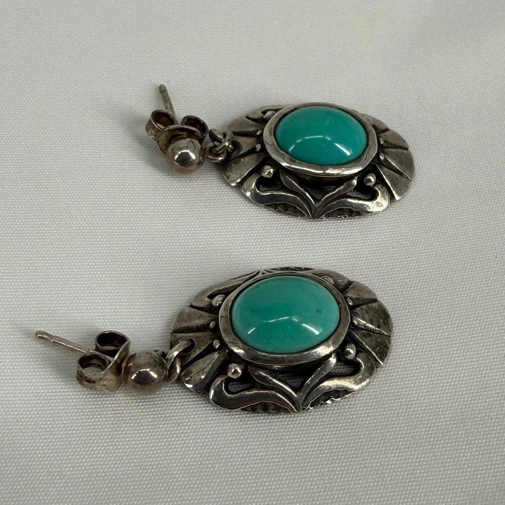 Vintage‎ 925 Sterling Silver Genuine Turquoise Dangle Earrings Boho Southwestern